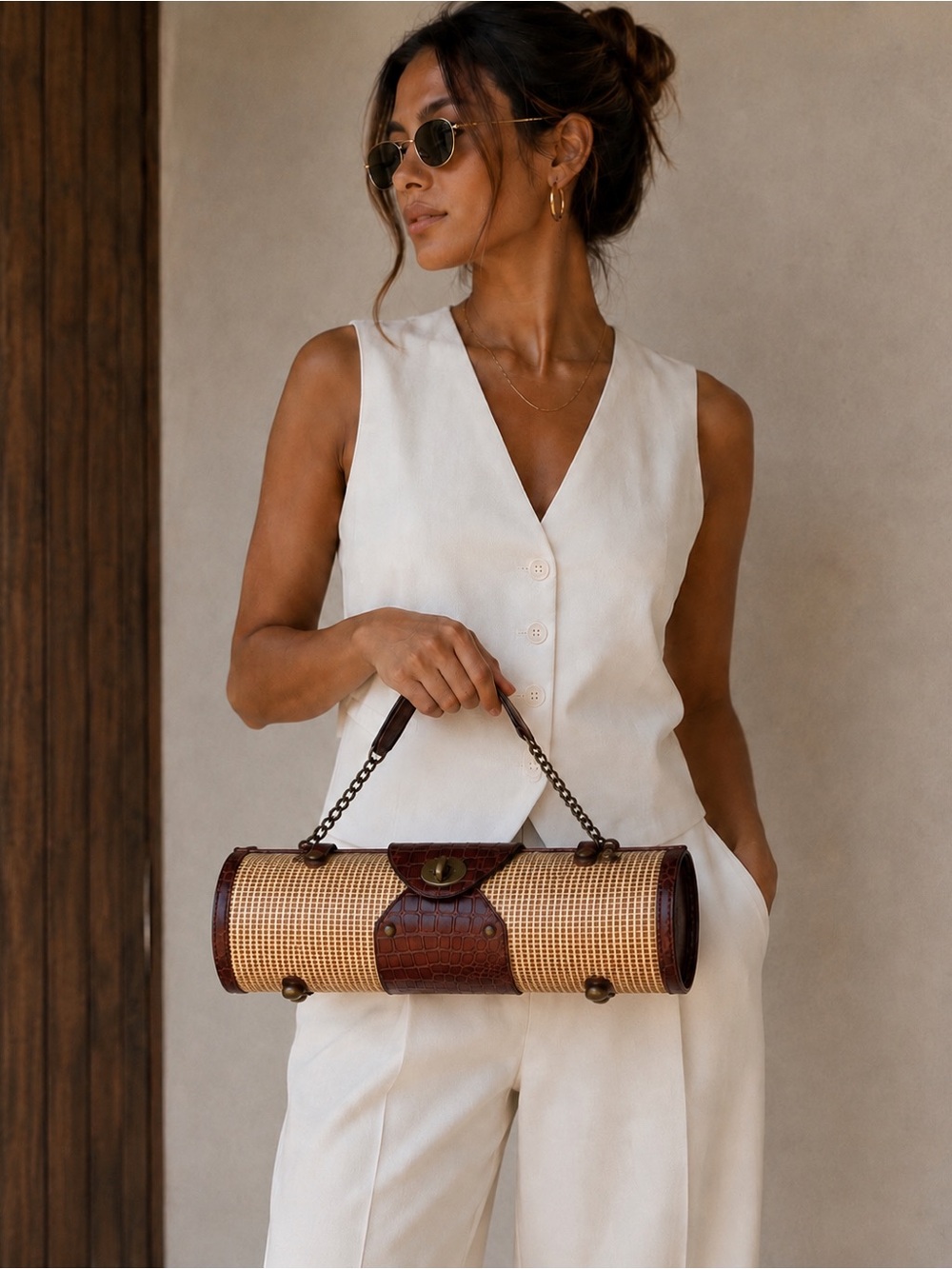 Picnic at Ascot Wine Bottle Carrier Woven Croc Embossed Top Handle Bag